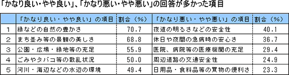 表「かなり良い・やや良い」、「かなり悪い・やや悪い」の回答が多かった項目