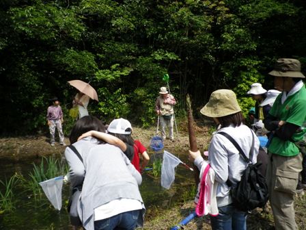 池の周りで生き物を観察している写真です。