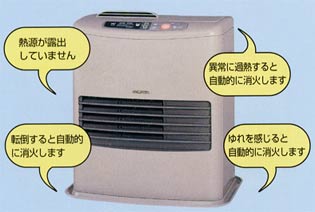 安全暖房器具（熱源が露出していない、転倒すると自動消火、異常過熱すると自動消火、揺れを感じると自動消火等の機能を備えた暖房器具）