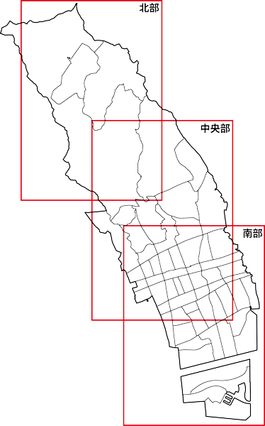 都市計画図（北部、中央部、南部の区域割り）
